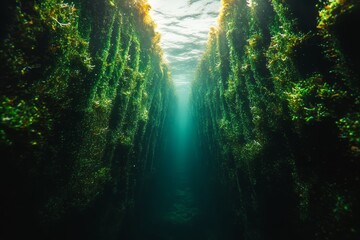 Obraz premium Underwater kelp forest, sunlight path, ocean, marine life, nature background, for travel or environmental projects