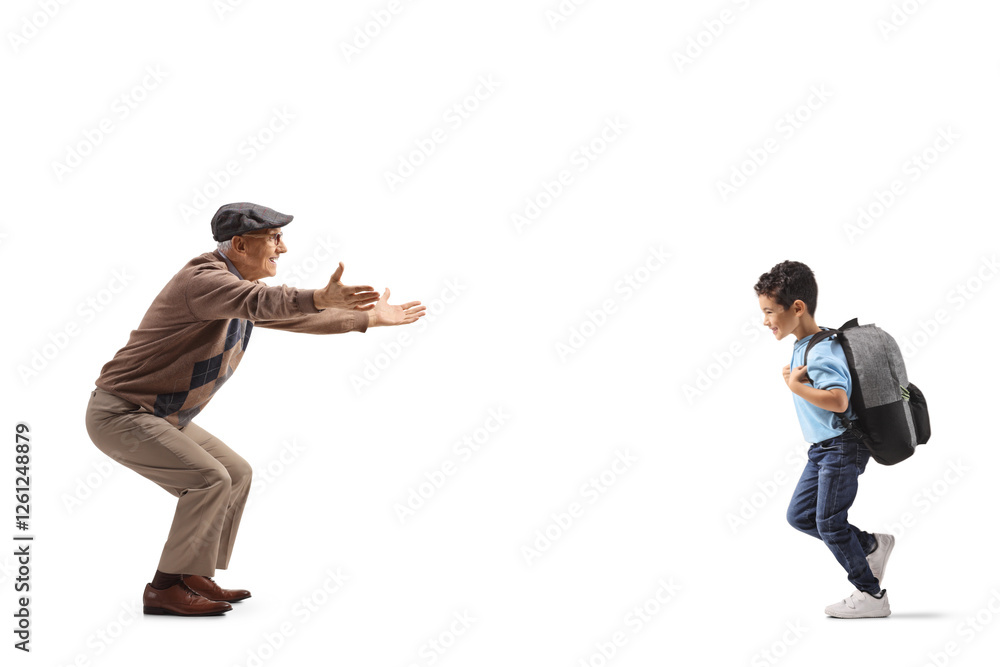 Canvas Prints Full length profile shot of a boy with backpack towards grandfather