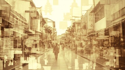 Sepia toned street transitioning into vibrant digital hues symbolizing the shift from traditional to digital communication innovation and visual storytelling