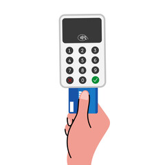 Chip card payment with POS terminal. Flat vector illustration. Ideal for banking, retail, e-commerce, and cashless payment concepts. 