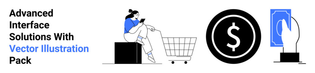 Naklejka premium Woman seated near a shopping cart using a smartphone, dollar symbol indicating money, and hand holding a digital bill. Ideal for e-commerce, mobile payments, financial apps, shopping, fintech