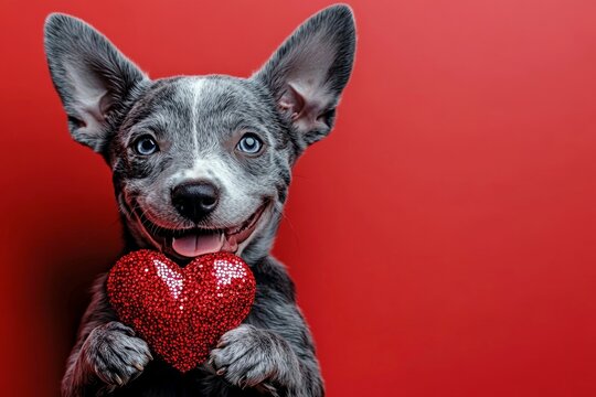 Australian cattle dog - my preferred dog. Promotion idea. Cute australian cattle dog doggy with sparkling rhinestones red heart - emblem of love, funny greeting card. Dog valentine's poses.