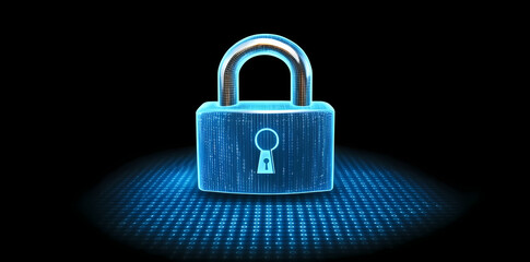 Fototapeta premium Cybersecurity, a digital lock symbol on a blue futuristic background with binary code, represents the concept of online data protection