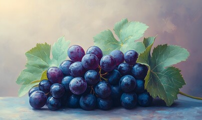 Fototapeta premium A vibrant still life painting of a cluster of dark purple grapes with green leaves