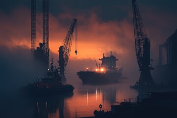 Obraz premium A shipyard at dawn, giant cranes moving massive steel components, shipbuilders welding hull structures, misty industrial morning