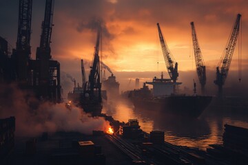 Obraz premium A shipyard at dawn, giant cranes moving massive steel components, shipbuilders welding hull structures, misty industrial morning