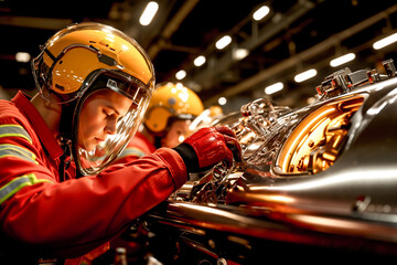 A man in a helmet working on a car engine