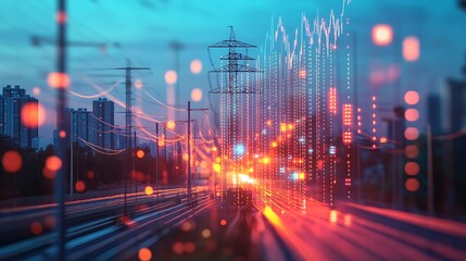 Fototapeta premium Futuristic City with Digital Stock Market Overlay, A futuristic city street at night with digital stock market graphs overlay