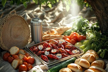 Outdoor picnic feast with crayfish, fresh vegetables, and bread under sunlit trees.