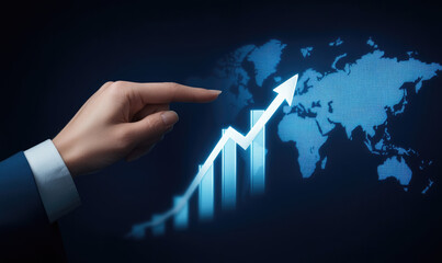 Global growth, hand pointing, upward trend, world map, business success