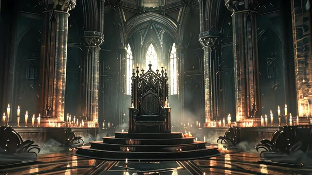 Throne Room of Power: A grand and imposing throne room, bathed in the ethereal glow of candlelight, evokes a sense of power and mystery. The ornate throne stands at the center, shrouded in shadow.