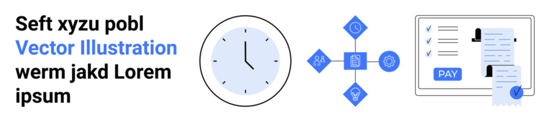 Analog clock, interconnected process icons, payment receipt, and task list combine for workflow efficiency, productivity, and digital transactions. Ideal for organization, deadlines, finance