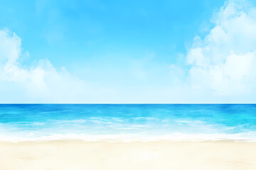 Obraz premium Watercolor beach with blue sky and ocean, light yellow sand in the background, with copy space