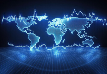 Global market fluctuations; worldwide economic trends; blue digital map
