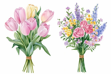 Watercolor floral bouquet with roses, tulips, and wildflowers, isolated on a white background