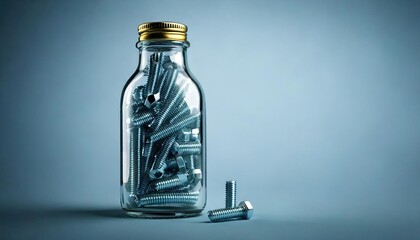 Glass jar filled with metal bolts on a blue background in a workshop setting