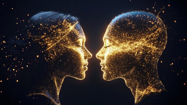 futuristic image of two human specimens looking at each other. They are made of fire and flesh