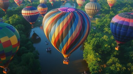 Fototapeta premium Colorful Hot Air Balloons Floating Over Serene Lake Landscape