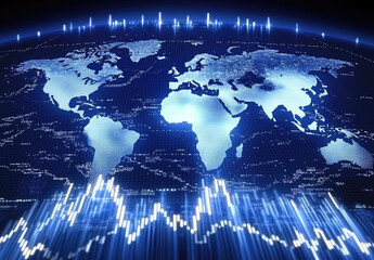 Global market trends, data flow, world map background, financial analysis