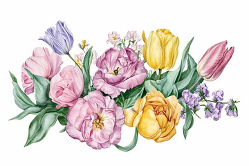 Watercolor floral bouquet with roses, tulips, and wildflowers, isolated on a white background