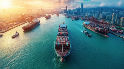 Obraz premium Aerial view of a port with cargo ships and cranes, highlighting international trade