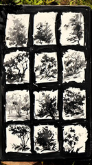 Ink sketches of various trees, nature study, outdoor setting, artistic portfolio, ideal for design projects