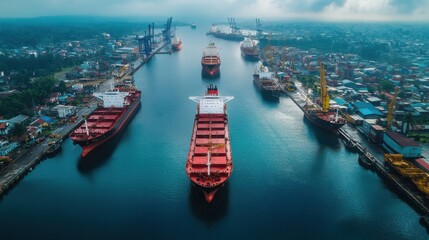 Naklejka premium Aerial view of a port with cargo ships and cranes, highlighting international trade