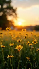 Fototapeta premium Golden hour light bathes idyllic meadow, blurred sunset , serene, nature, meadow