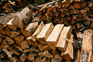 stacked wood logs and pile of firewood in a forest setting