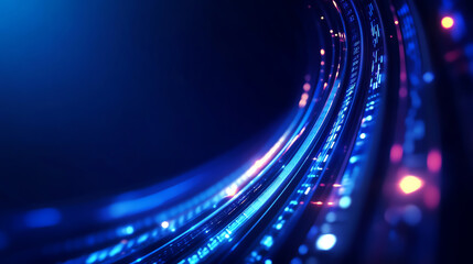 A captivating abstract image showcasing vibrant blue and purple light trails that create a sense of motion and depth, perfect for technology themes and digital innovation.