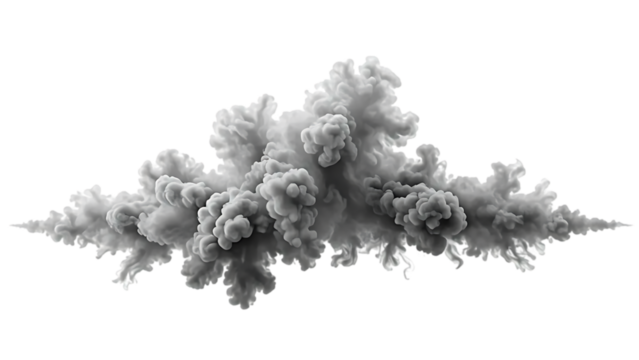 An abstract cloud of gray smoke. The cloud of smoke has an explosion-like appearance on transparent background