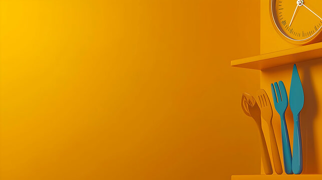 Orange wall, shelf with clock, cutlery, minimalist design, food preparation concept, website banner
