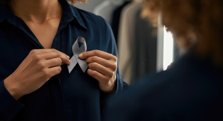 Woman in black shirt placing gray ribbon on Cancer awareness