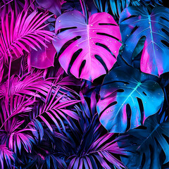 Vibrant neon tropical leaves background, lush foliage, exotic plants, summer design, ideal for website banners