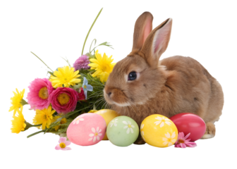 Brown rabbit with colorful Easter eggs and flowers