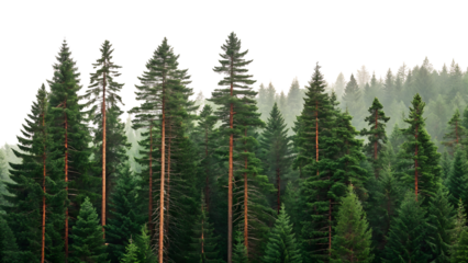 Lush green forest with tall pine trees in mist