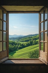 Scenic View Through Old Wood Windows