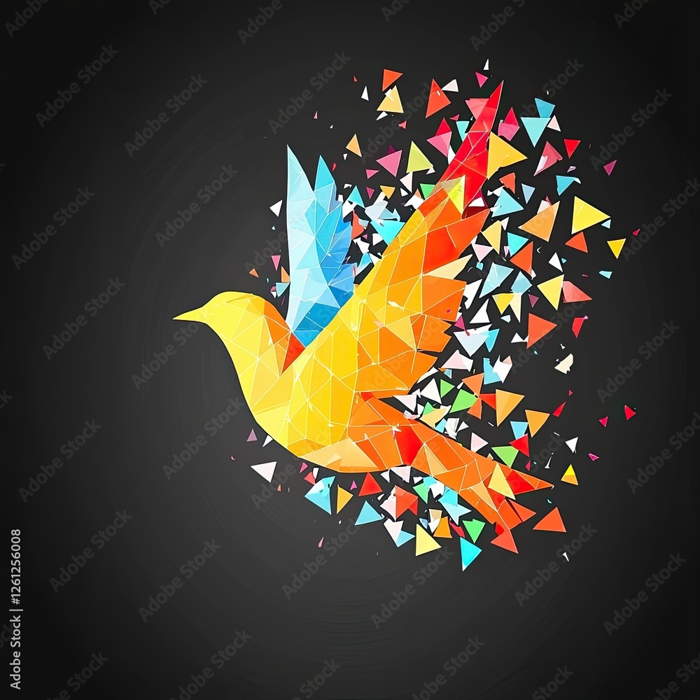Poster colorful abstract bird flying through a burst of geometric shapes in a vibrant display on a dark bac