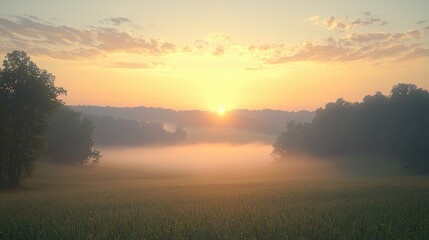 Fototapeta premium Misty sunrise over farmland, peaceful dawn