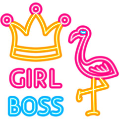 Girl Boss Flamingo Neon Sign. Vector Illustration of Glowing Led Lamp Bright Object. Crown. Woman Power.