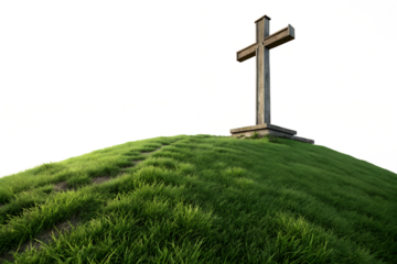Cross on green hill under blue sky