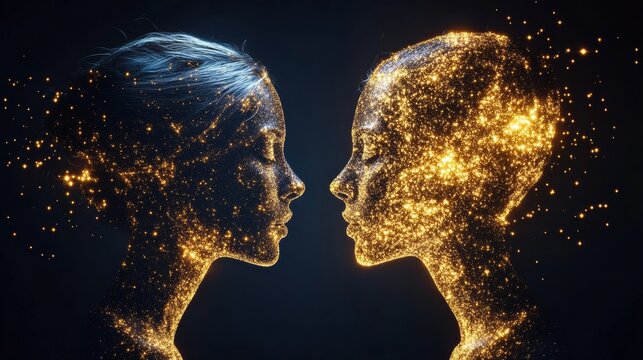 futuristic image of two human specimens looking at each other. They are made of fire and flesh