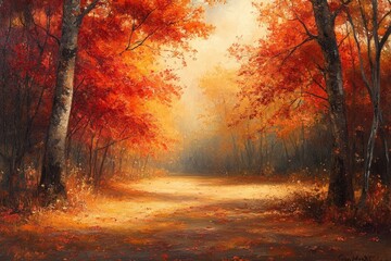 Obraz premium Autumn path, forest, red leaves, sunlight, peaceful scene, nature, landscape, fall, art