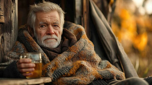 Elderly man wrapped in blanket, holding a mug, sits outdoors on a porch.