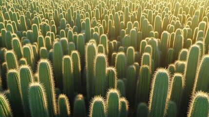 Obraz premium Vast Field of Tall Cacti Under Golden Sunset Glow in Desert Landscape