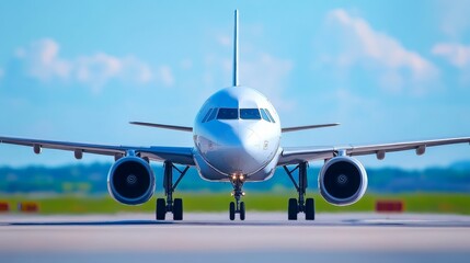 Airplane on Runway Ready for Takeoff - A modern passenger airplane sits on the runway, prepared for departure under a bright blue sky