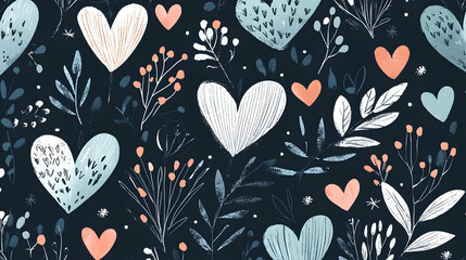Fototapeta premium Romantic hearts and floral pattern, dark background, perfect for Valentine's Day cards or romantic designs