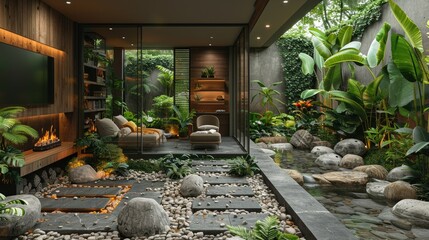 Indoor garden room with fireplace, seating, and pond.