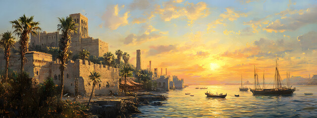 An oil painting of the ancient city walls along the Nile
