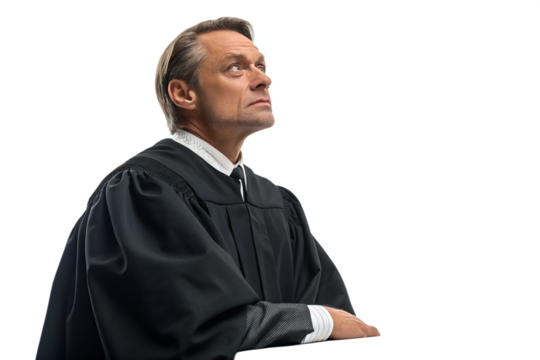Judge pondering in the courtroom